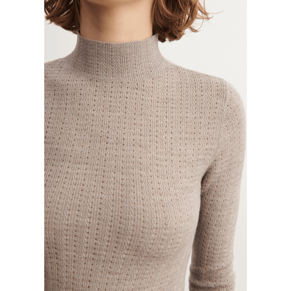 FUB Woman / High Neck Pointelle Bluse / Oat Melange — billede 3
