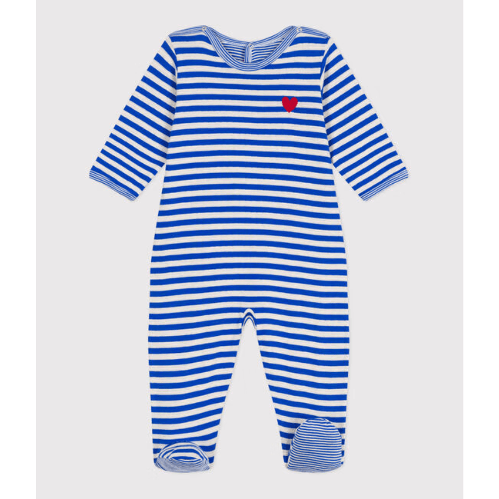 Petit Bateau / Heldragt med fødder / Blå Striber og Hjerte