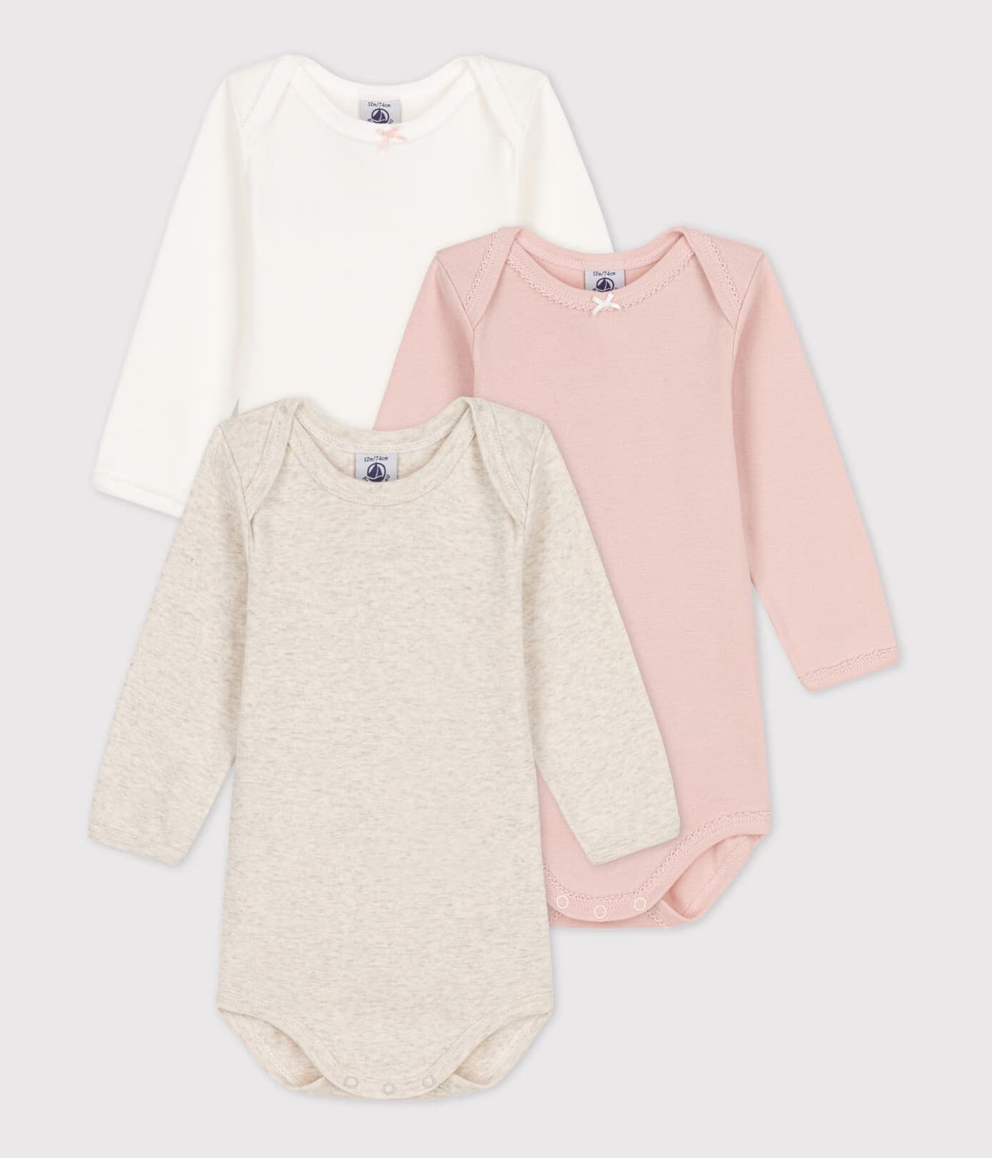 Petit Bateau / 3 pak langærmet body / ensfarvet rosa