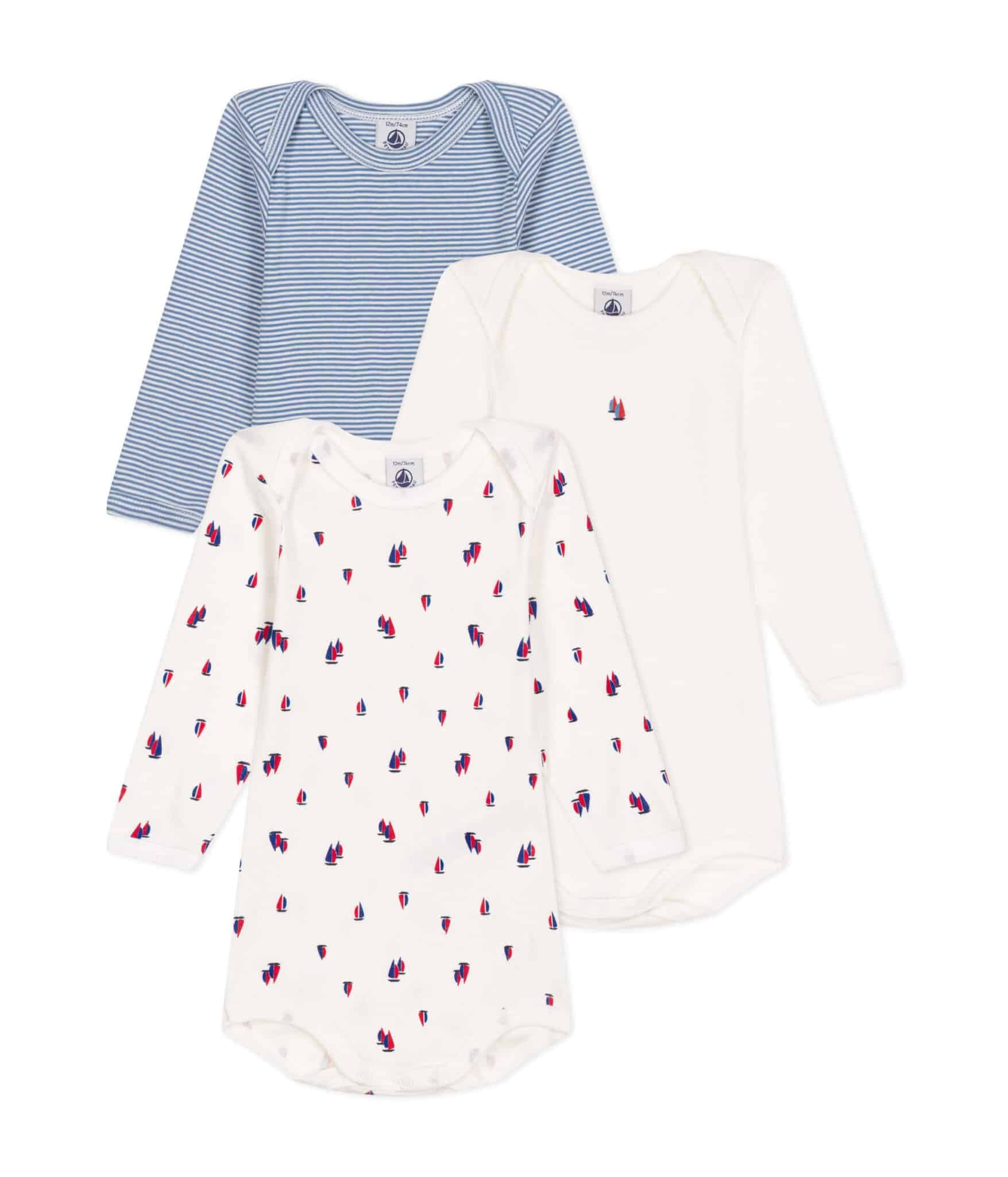 Petit Bateau / 3 pak langærmet body / seljbåde
