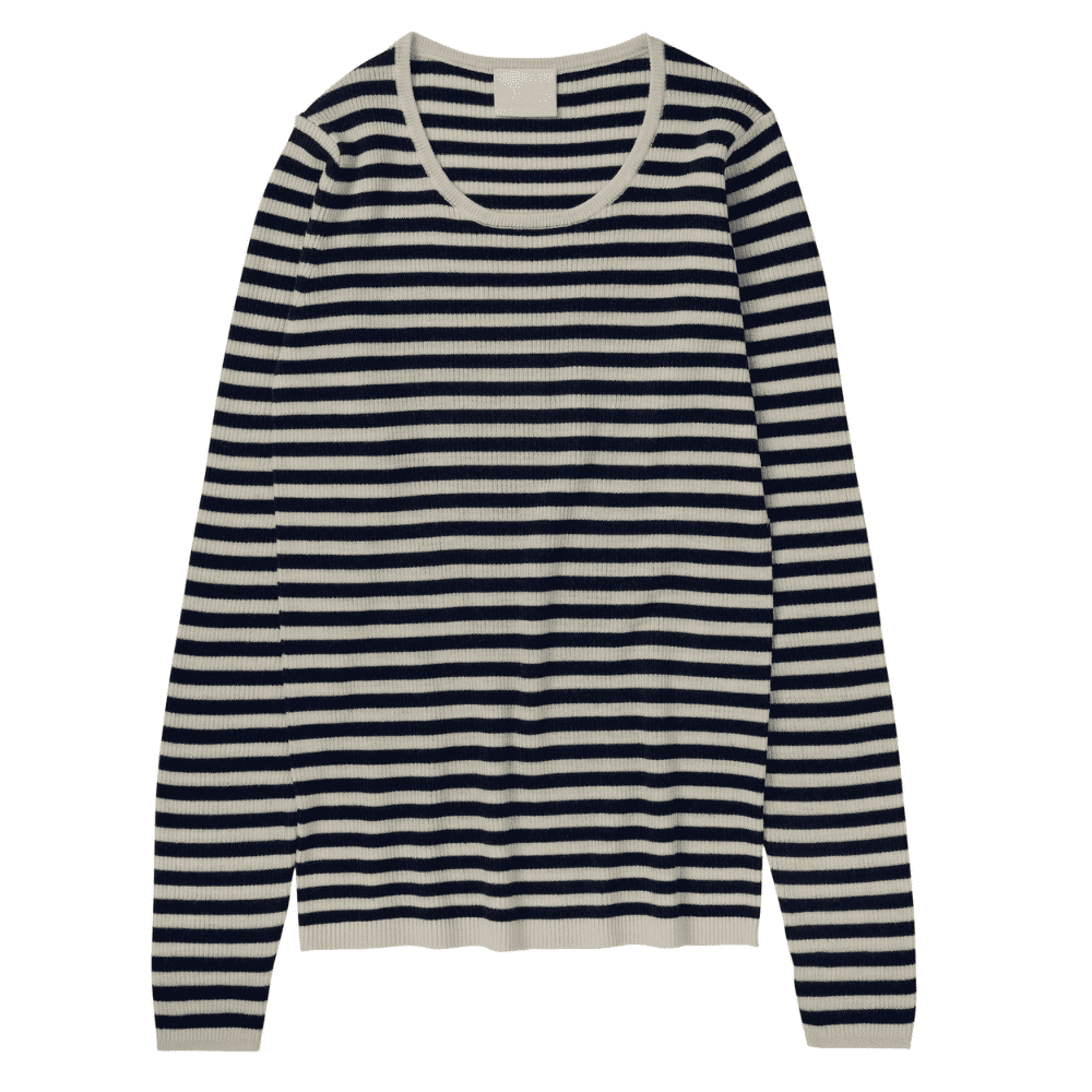 FUB — FUB Woman / Langærmet Uld Rib Stribet Bluse / Dark Navy Ecru