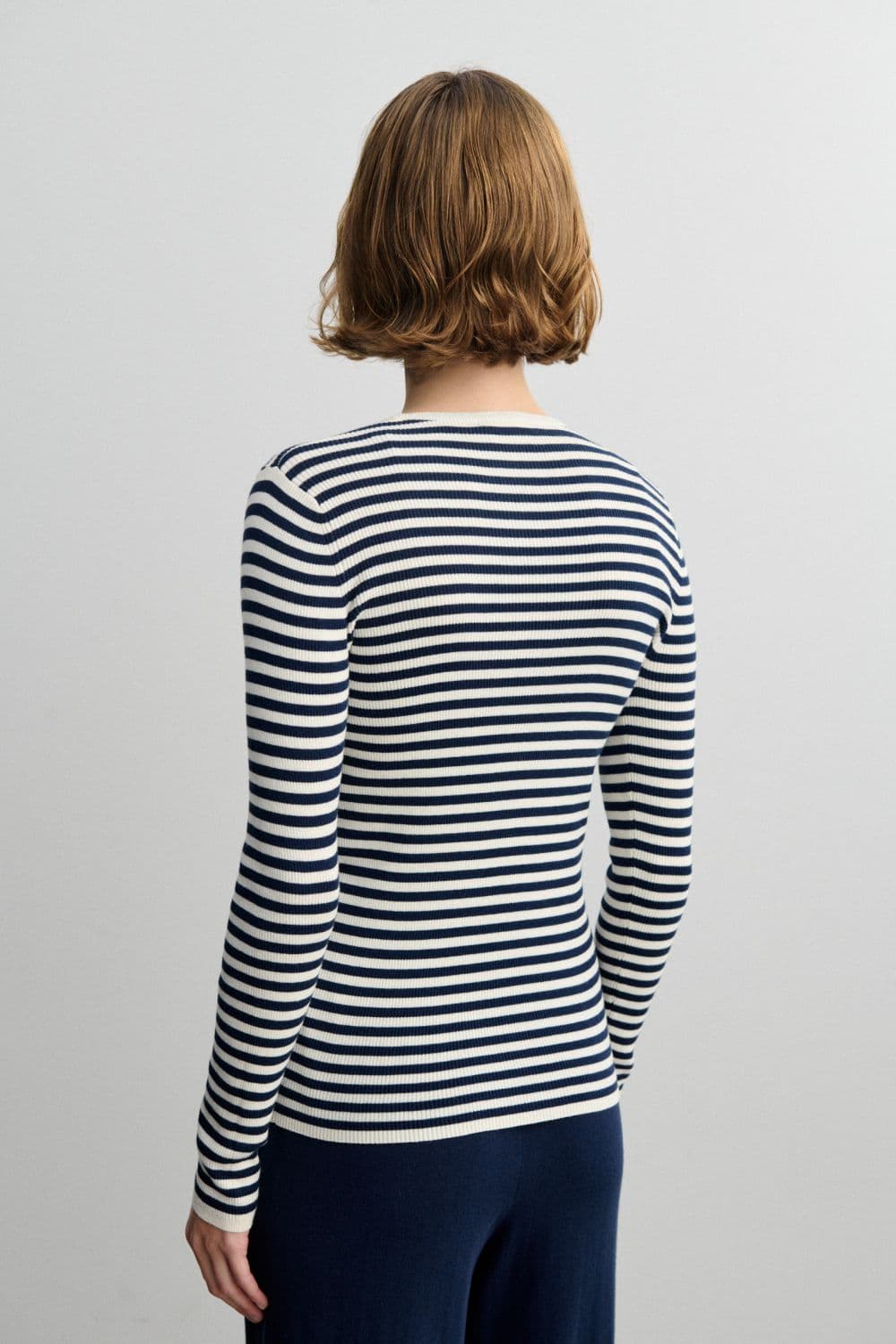 FUB Woman / Stribet Rib Bomulds Bluse / Ecru Dark Navy — billede 3