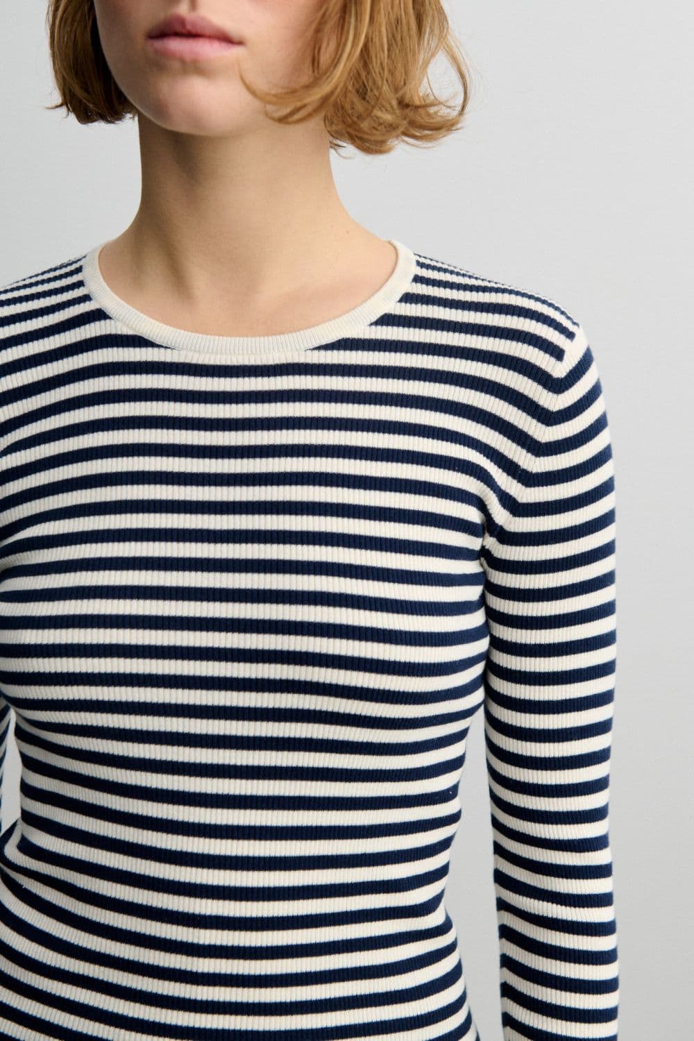 FUB Woman / Stribet Rib Bomulds Bluse / Ecru Dark Navy — billede 4